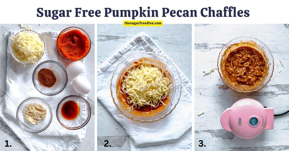 Sugar Free Pumpkin Pecan Chaffles, an easy breakfast recipe for waffles made with pumpkin puree and a buttery pecan topping. Keto, GF, SF