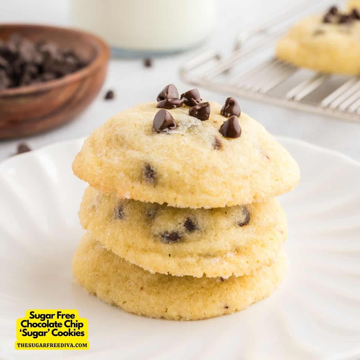 Sugar Free Chocolate Chip Sugar Cookies, a tasty dessert or snack recipe for fluffy buttery cookies made with no added sugar.