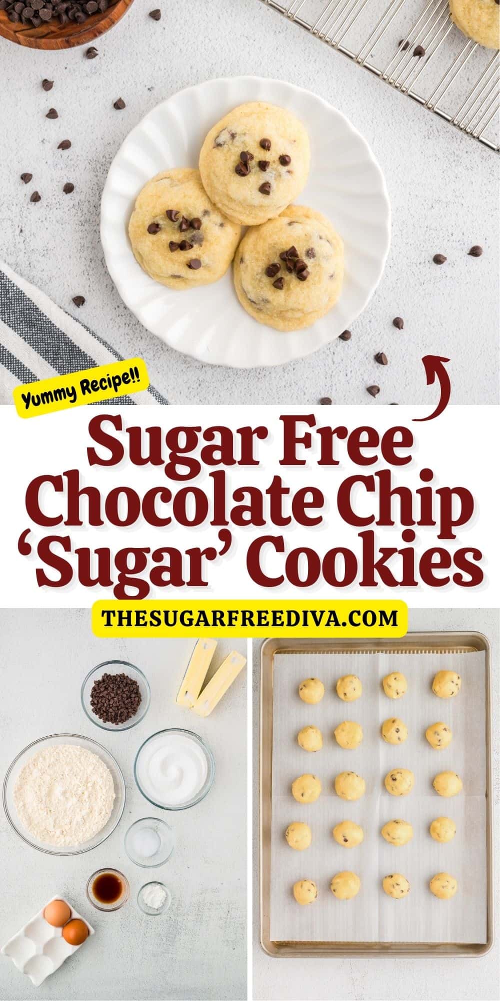 Sugar Free Chocolate Chip Sugar Cookies, a tasty dessert or snack recipe for fluffy buttery cookies made with no added sugar.