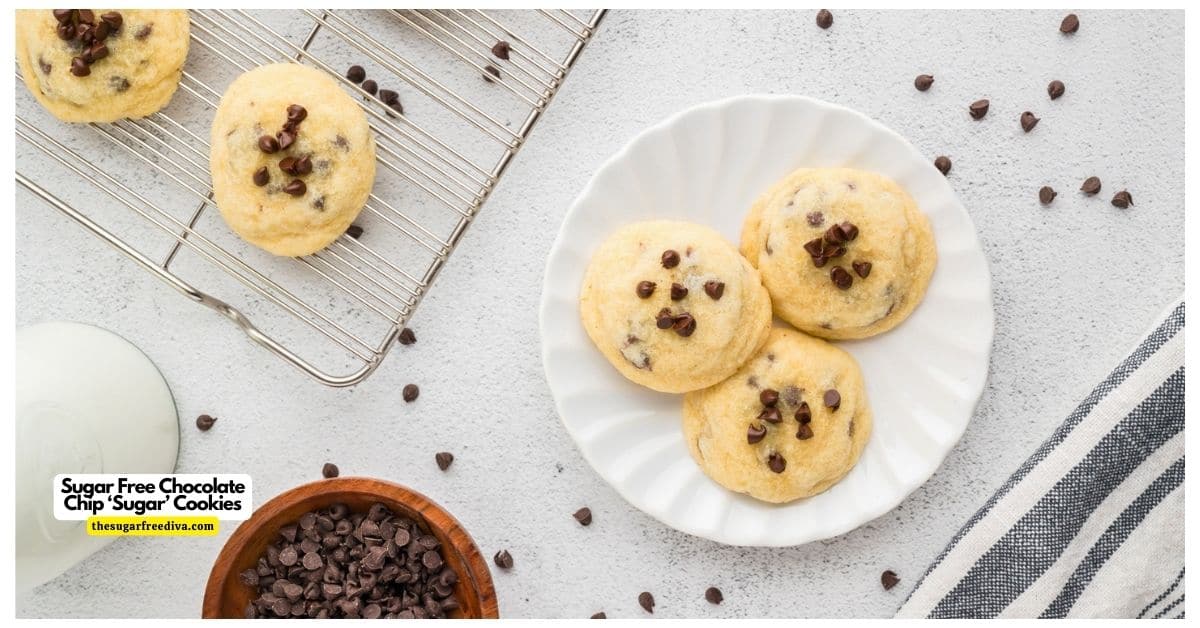 Sugar Free Chocolate Chip Sugar Cookies, a tasty dessert or snack recipe for fluffy buttery cookies made with no added sugar. Sugar Free Chocolate Chip Sugar Cookies, a tasty dessert or snack recipe for fluffy buttery cookies made with no added sugar.