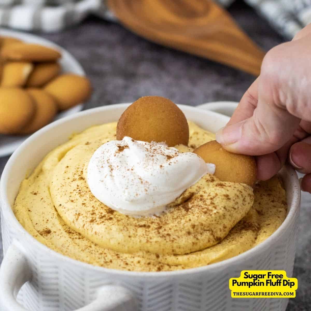 Sugar Free Pumpkin Fluff Dip, a simple six ingredient dessert or snack recipe made with whipped topping and no added sugar.