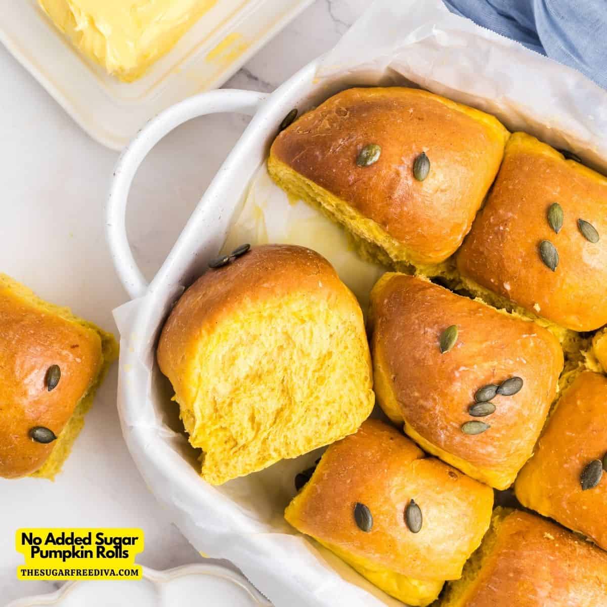 No Added Sugar Pumpkin dinner Rolls, a delicious recipe for homemade dinner rolls made with pumpkin puree and no added sugar.