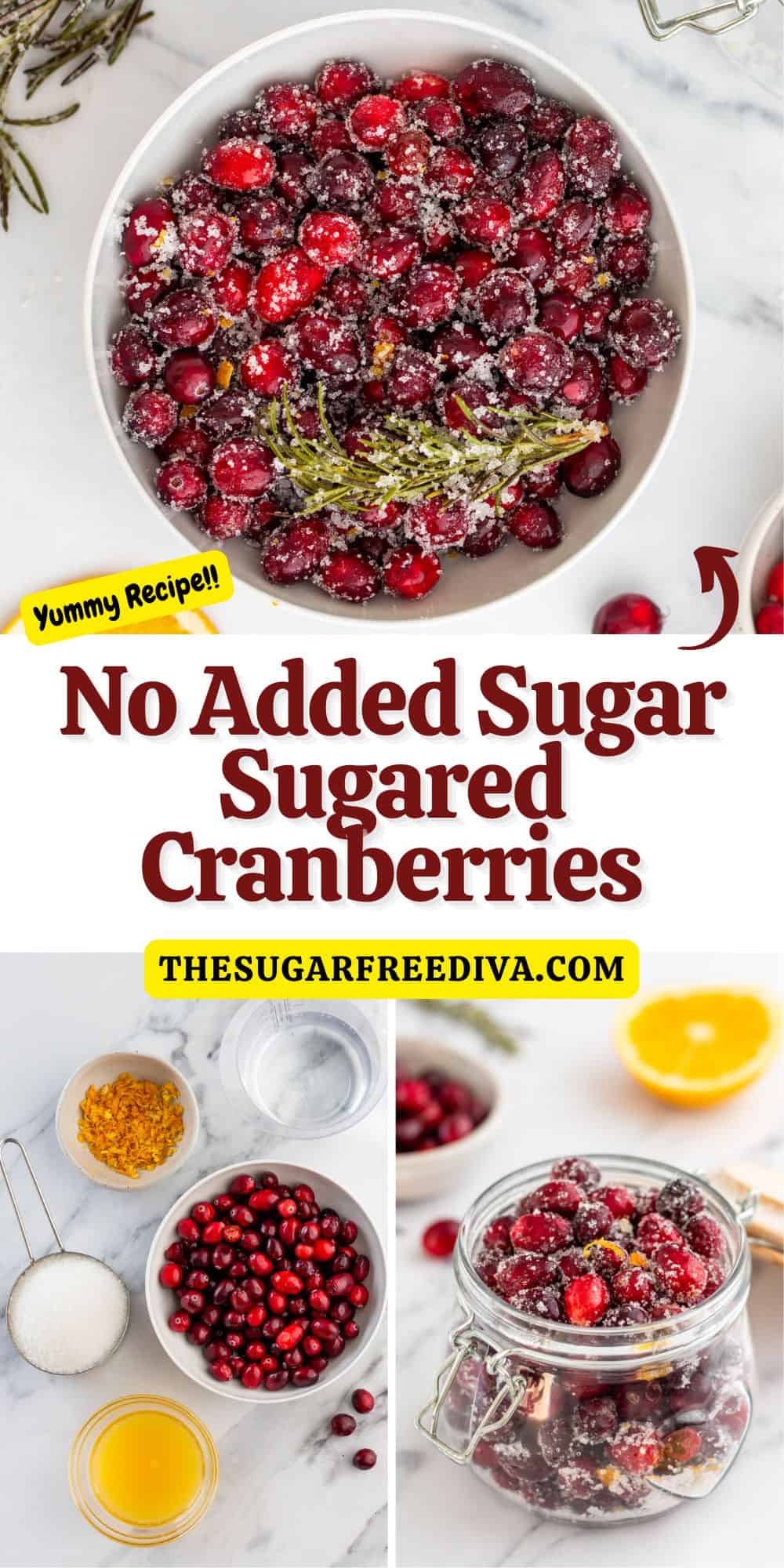 No Added Sugar Sugared Cranberries, an easy and tasty recipe featuring berries coated with a no added sugar syrup flavored with orange.