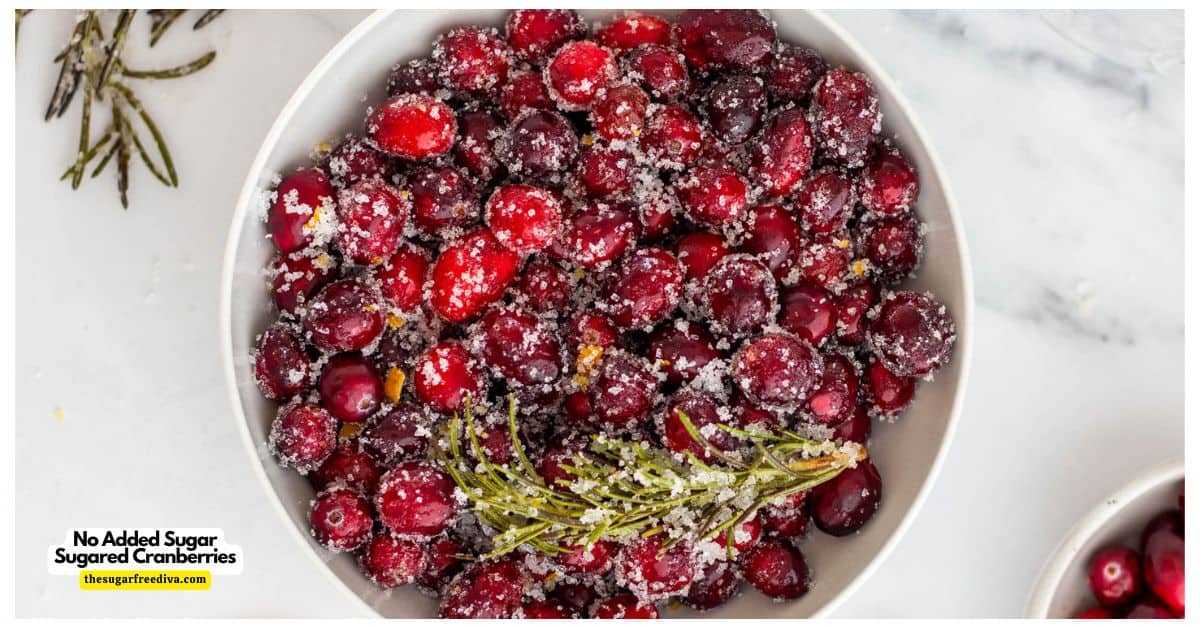 No Added Sugar Sugared Cranberries, an easy and tasty recipe featuring berries coated with a no added sugar syrup flavored with orange. No Added Sugar Sugared Cranberries, an easy and tasty recipe featuring berries coated with a no added sugar syrup flavored with orange.