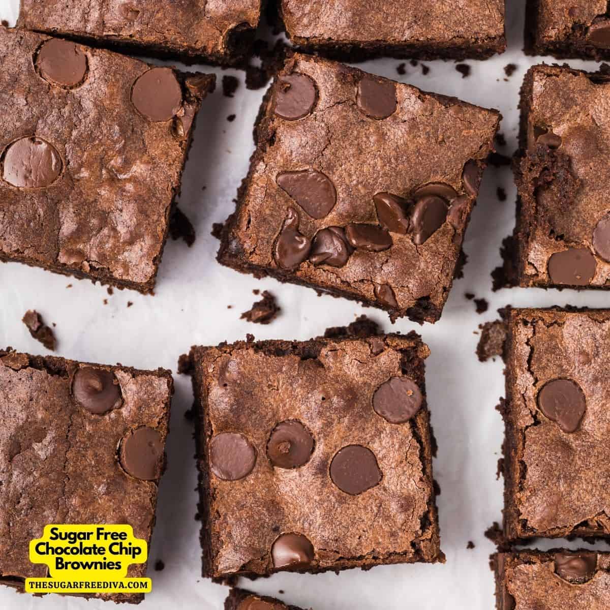 Sugar Free Chocolate Chip Brownies, decadent chewy fudgy double chocolate brownie recipe made with no added sugar.