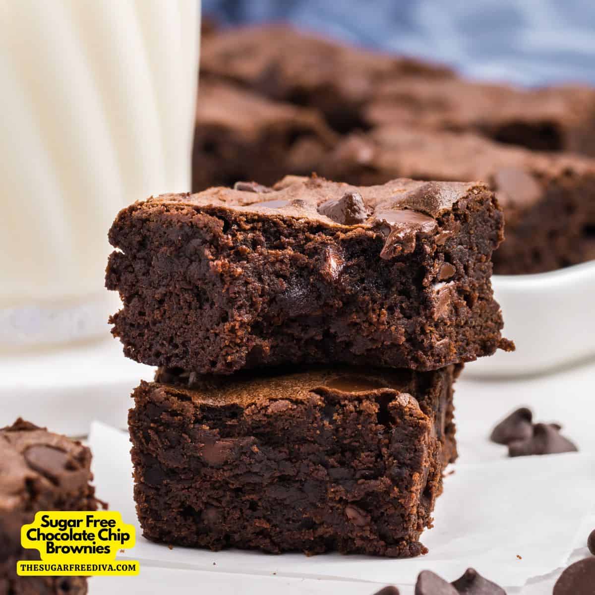 Sugar Free Chocolate Chip Brownies, decadent chewy fudgy double chocolate brownie recipe made with no added sugar.