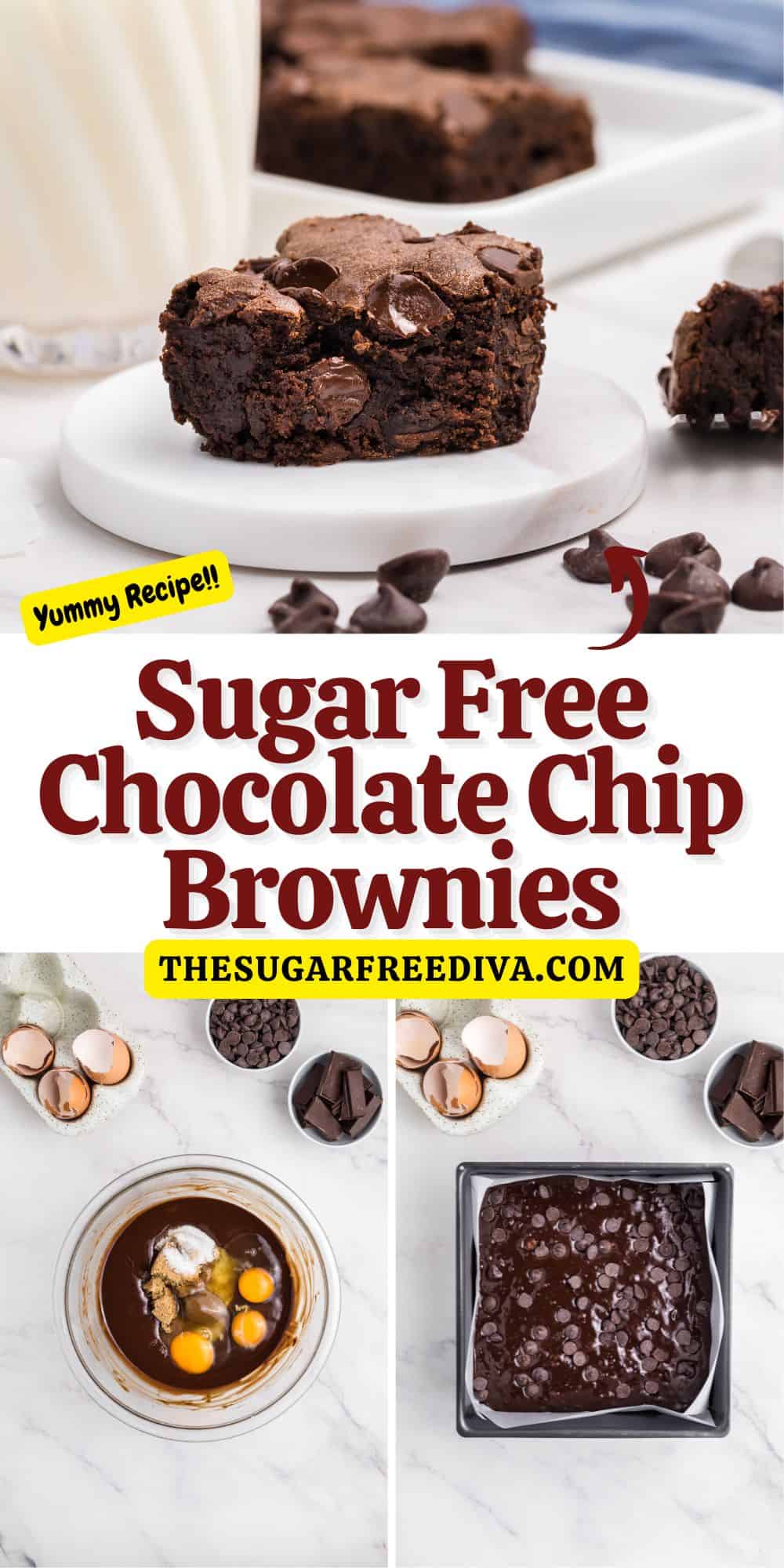 Sugar Free Chocolate Chip Brownies, decadent chewy fudgy double chocolate brownie recipe made with no added sugar.