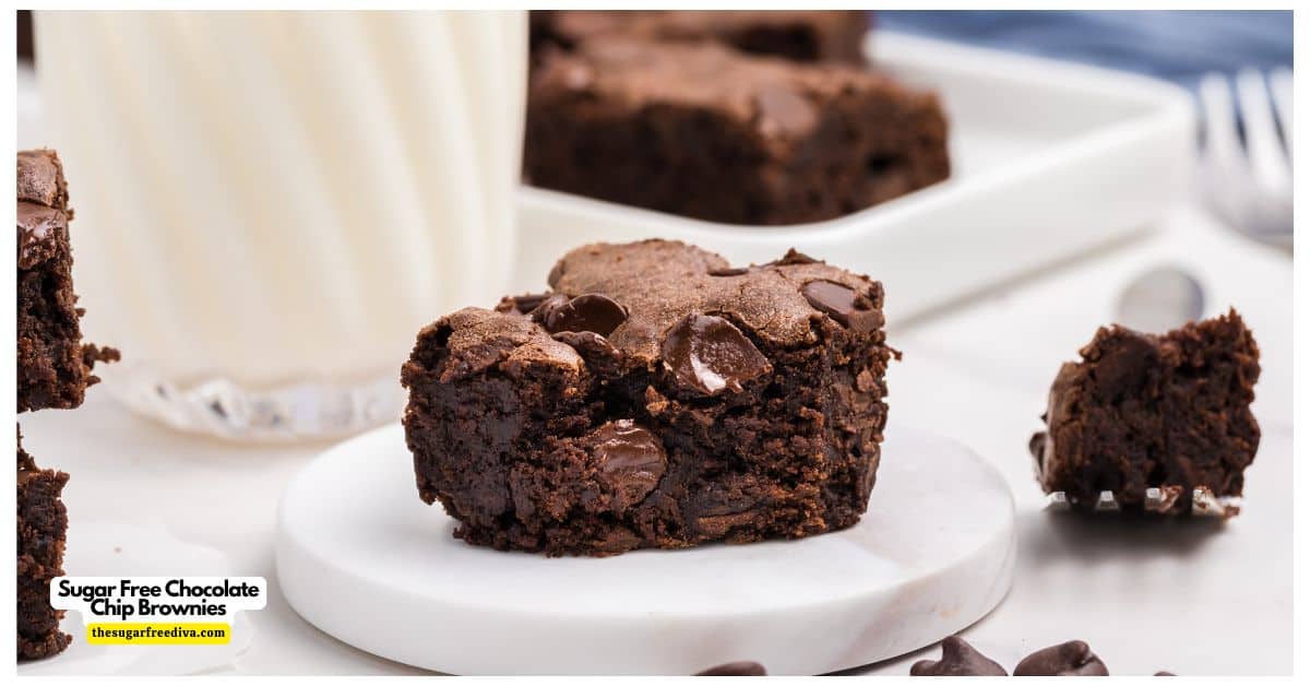 Sugar Free Chocolate Chip Brownies, decadent chewy fudgy double chocolate brownie recipe made with no added sugar.