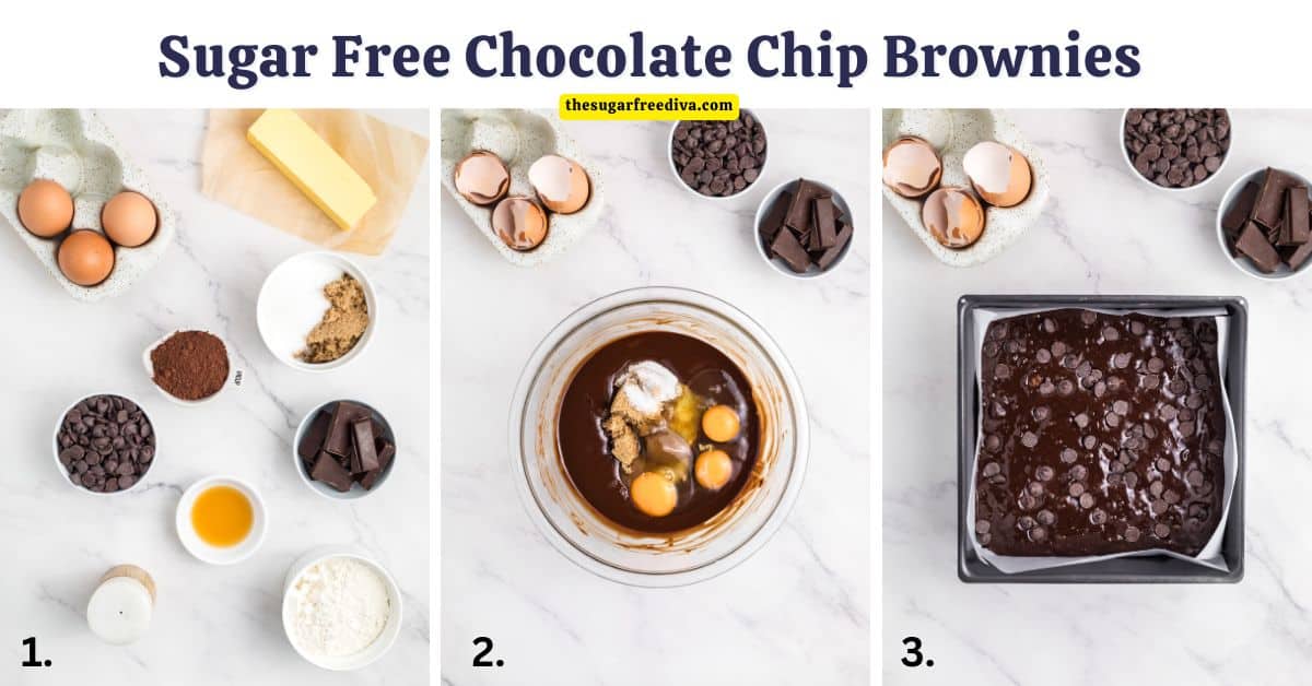 Sugar Free Chocolate Chip Brownies, decadent chewy fudgy double chocolate brownie recipe made with no added sugar.
