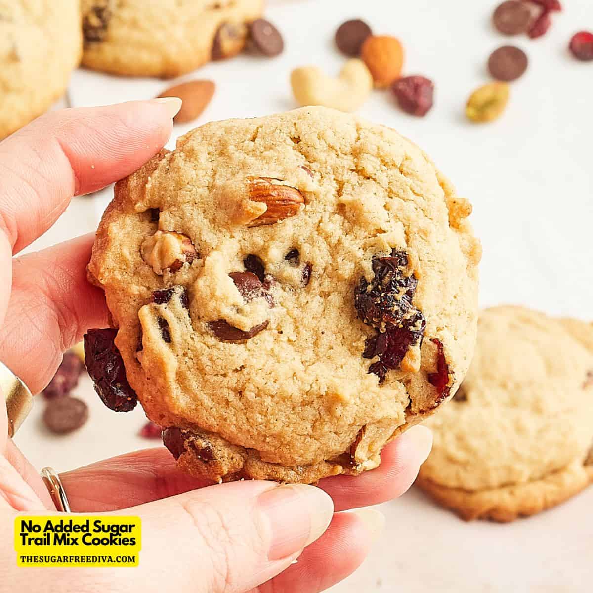 No Added Sugar Trail Mix Cookies, a tasty recipe for fluffy, soft, and crunchy cookies flavored with applesauce and trail mix ingredients.