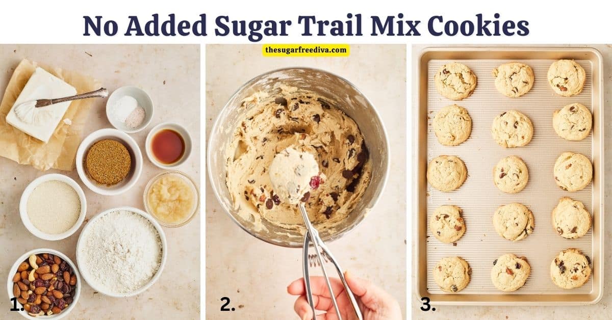 No Added Sugar Trail Mix Cookies, a tasty recipe for fluffy, soft, and crunchy cookies flavored with applesauce and trail mix ingredients.