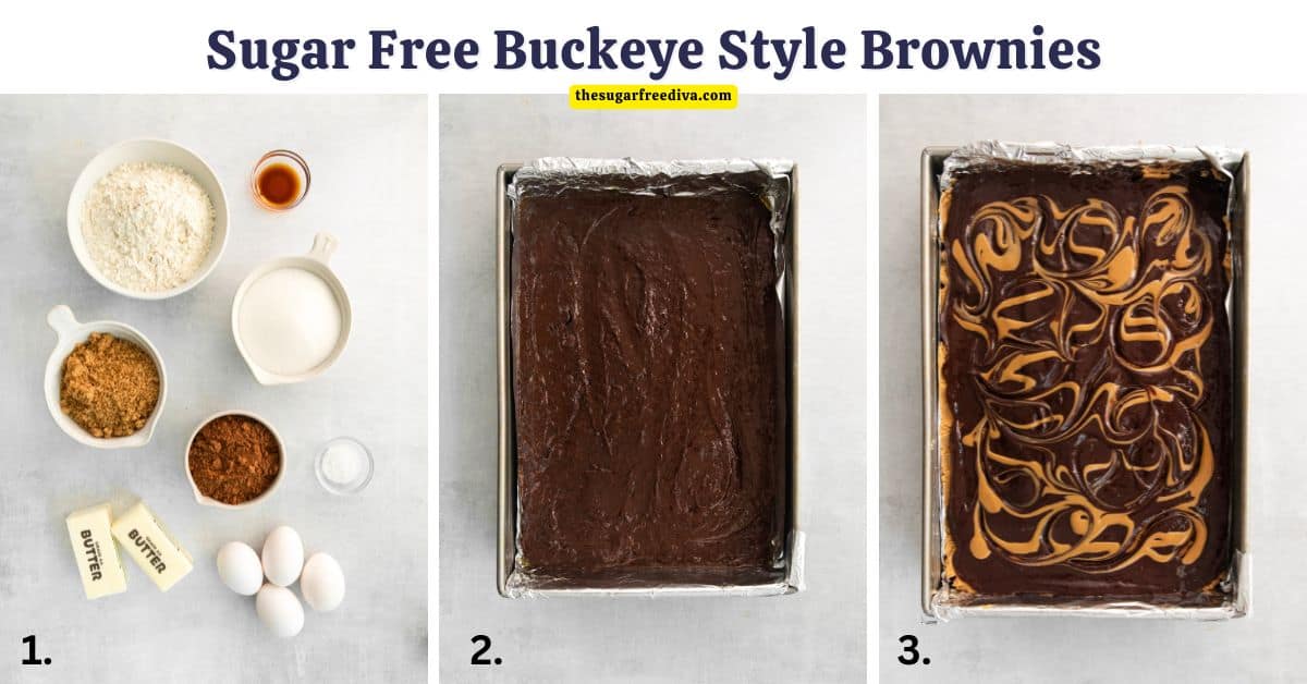 Sugar Free Buckeye Style Brownies a delicious layered dessert recipe made with a brownie base, peanut butter layer, and ganache topping.