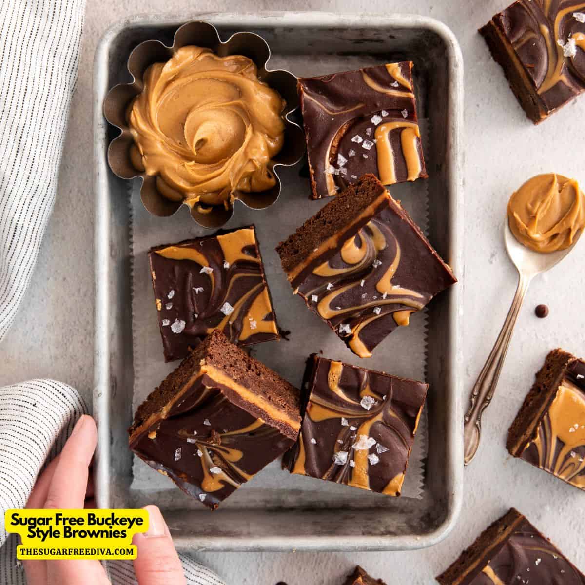 Sugar Free Buckeye Style Brownies a delicious layered dessert recipe made with a brownie base, peanut butter layer, and ganache topping.
