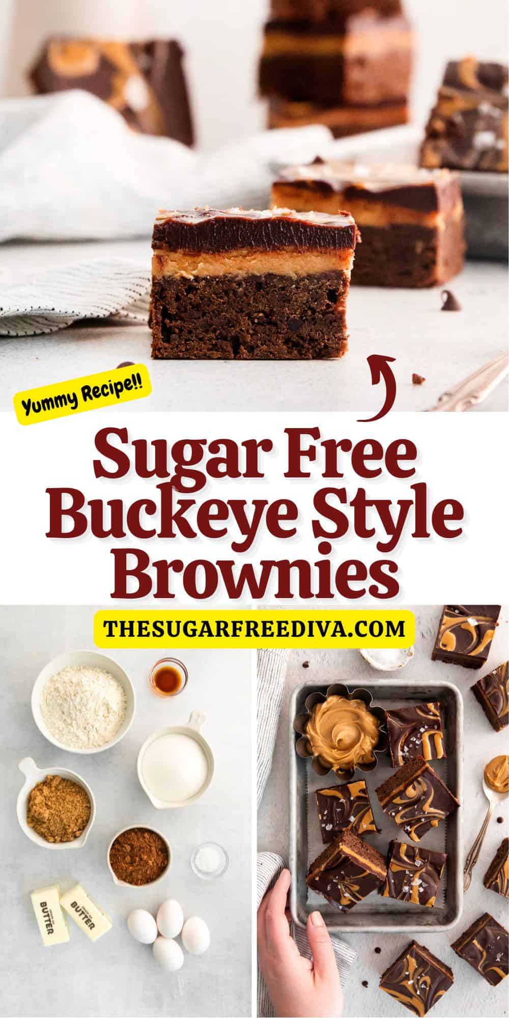 Sugar Free Buckeye Style Brownies a delicious layered dessert recipe made with a brownie base, peanut butter layer, and ganache topping.
