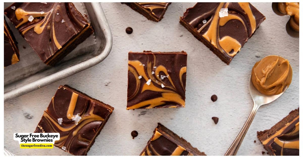 Sugar Free Buckeye Style Brownies a delicious layered dessert recipe made with a brownie base, peanut butter layer, and ganache topping. Sugar Free Buckeye Style Brownies a delicious layered dessert recipe made with a brownie base, peanut butter layer, and ganache topping.