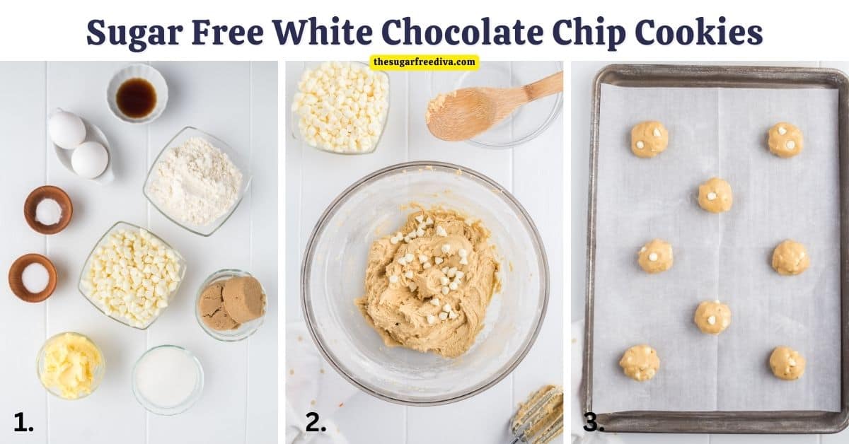 Sugar Free White Chocolate Chip Cookies, a delicious no added sugar dessert recipe for flavorful cookies that buttery and and sweet.