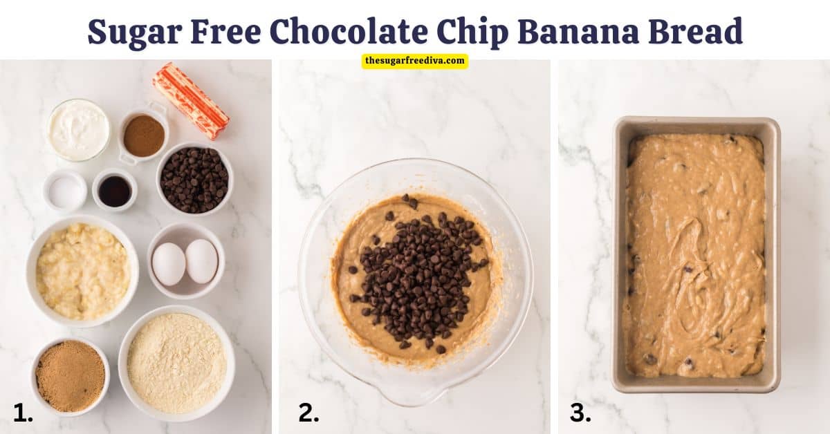 Sugar Free Chocolate Chip Banana Bread, a moist and flavorful quick bread recipe made with bananas and Greek Yogurt with no added sugar.