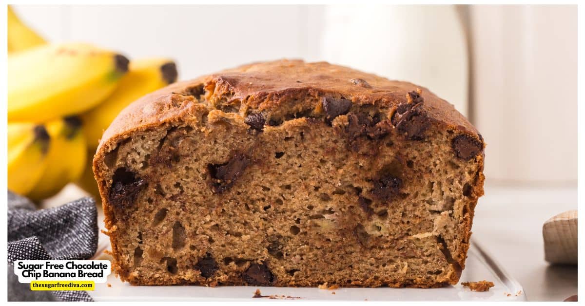 Sugar Free Chocolate Chip Banana Bread, a moist and flavorful quick bread recipe made with bananas and Greek Yogurt with no added sugar. Sugar Free Chocolate Chip Banana Bread, a moist and flavorful quick bread recipe made with bananas and Greek Yogurt with no added sugar.