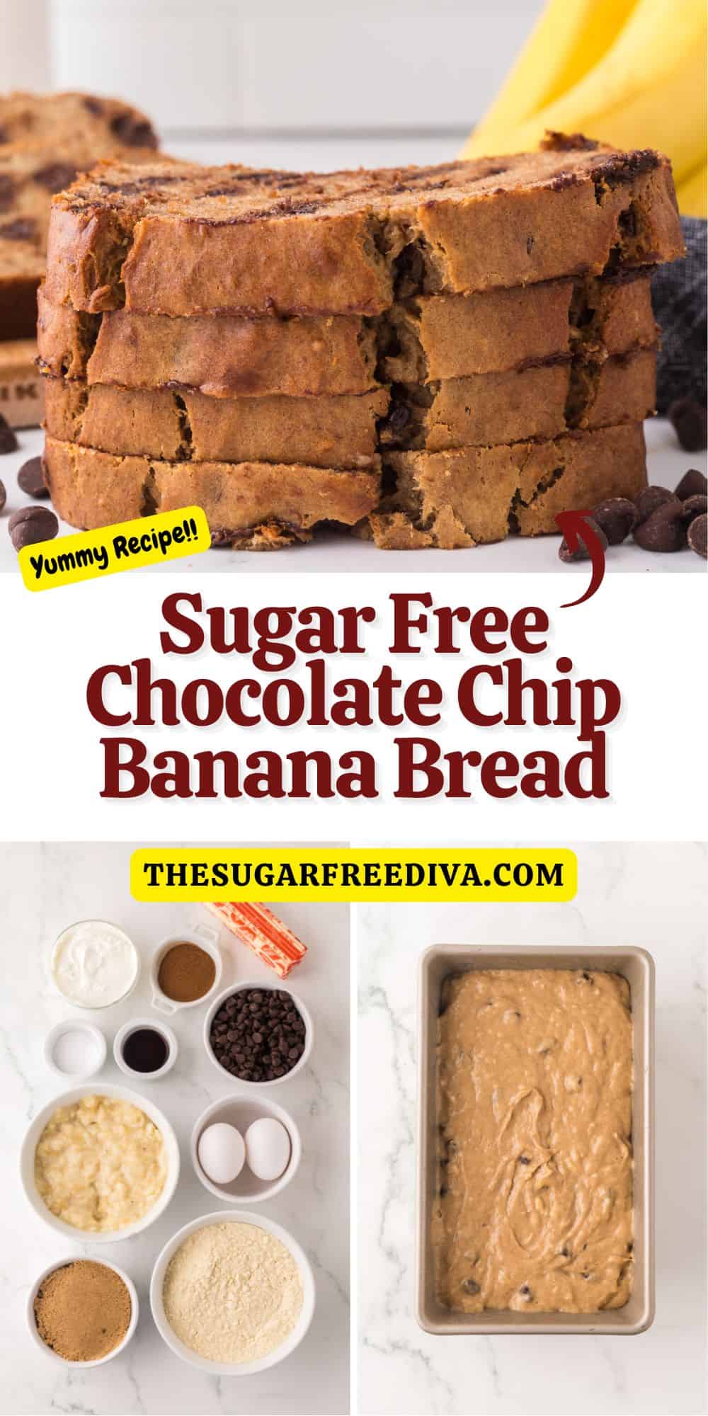Sugar Free Chocolate Chip Banana Bread, a moist and flavorful quick bread recipe made with bananas and Greek Yogurt with no added sugar.