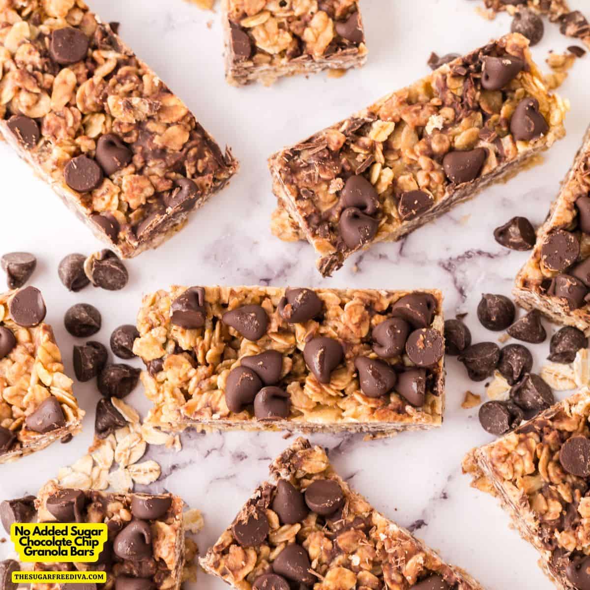 No Added Sugar Chocolate Chip Granola Bars, an easy sugar free snack bar recipe made with old fashioned oats and maple syrup.