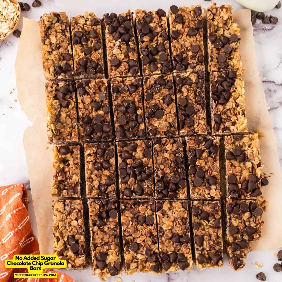 No Added Sugar Chocolate Chip Granola Bars, an easy sugar free snack bar recipe made with old fashioned oats and maple syrup.