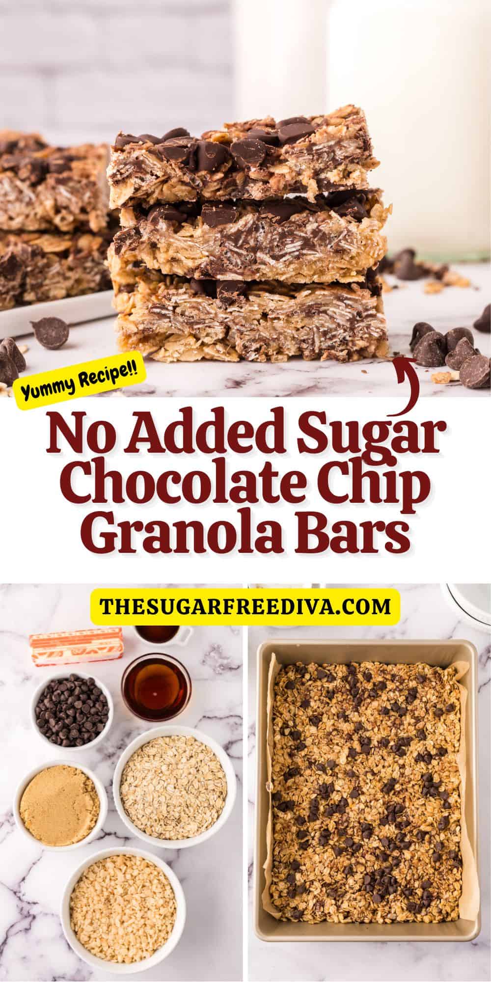 No Added Sugar Chocolate Chip Granola Bars, an easy sugar free snack bar recipe made with old fashioned oats and maple syrup.