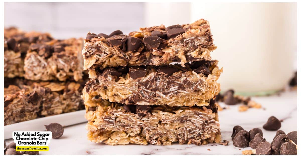 No Added Sugar Chocolate Chip Granola Bars, an easy sugar free snack bar recipe made with old fashioned oats and maple syrup. No Added Sugar Chocolate Chip Granola Bars, an easy sugar free snack bar recipe made with old fashioned oats and maple syrup.