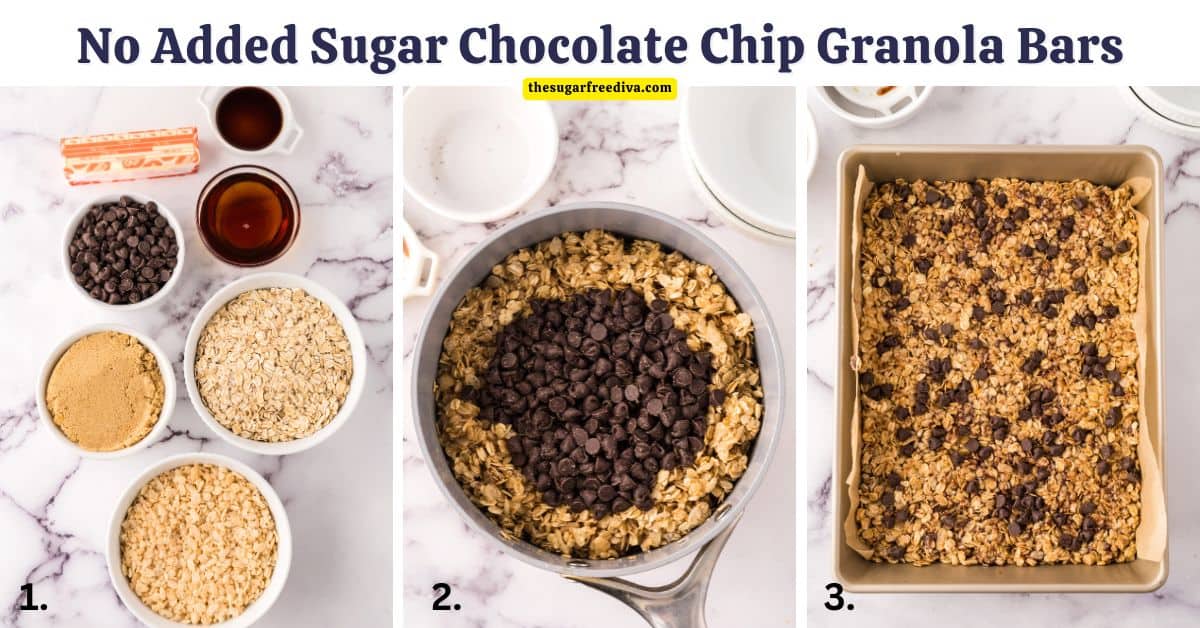 No Added Sugar Chocolate Chip Granola Bars, an easy sugar free snack bar recipe made with old fashioned oats and maple syrup.