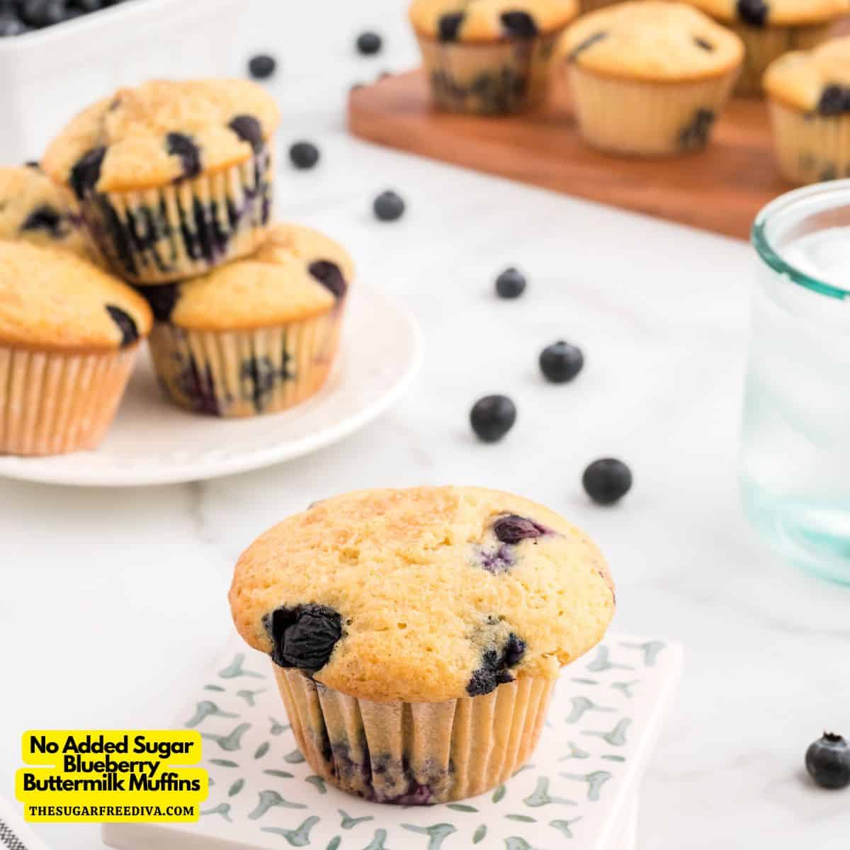 No Added Sugar Blueberry Buttermilk Muffins, a delicious sugar free breakfast or snack recipe made with fresh blueberries.