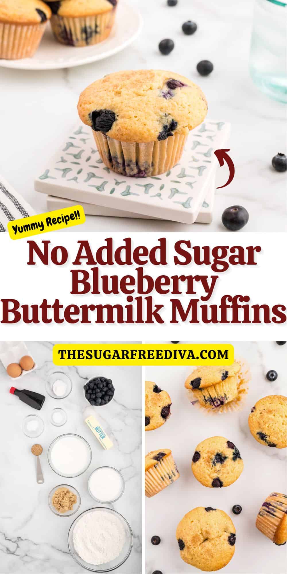 No Added Sugar Blueberry Buttermilk Muffins, a delicious sugar free breakfast or snack recipe made with fresh blueberries.
