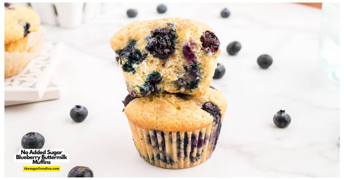 No Added Sugar Blueberry Buttermilk Muffins, a delicious sugar free breakfast or snack recipe made with fresh blueberries. No Added Sugar Blueberry Buttermilk Muffins, a delicious sugar free breakfast or snack recipe made with fresh blueberries.