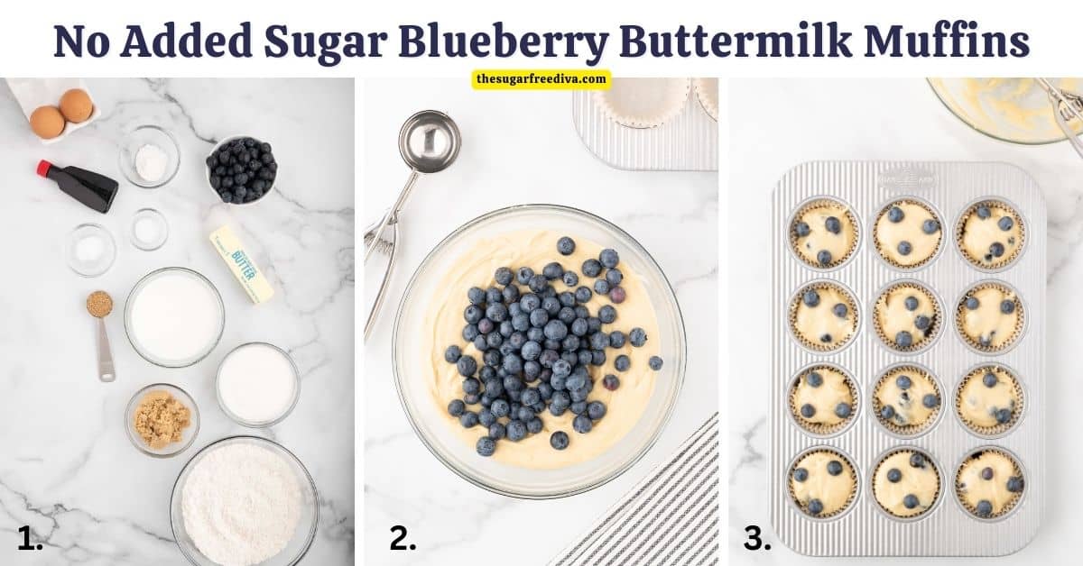 No Added Sugar Blueberry Buttermilk Muffins, a delicious sugar free breakfast or snack recipe made with fresh blueberries.