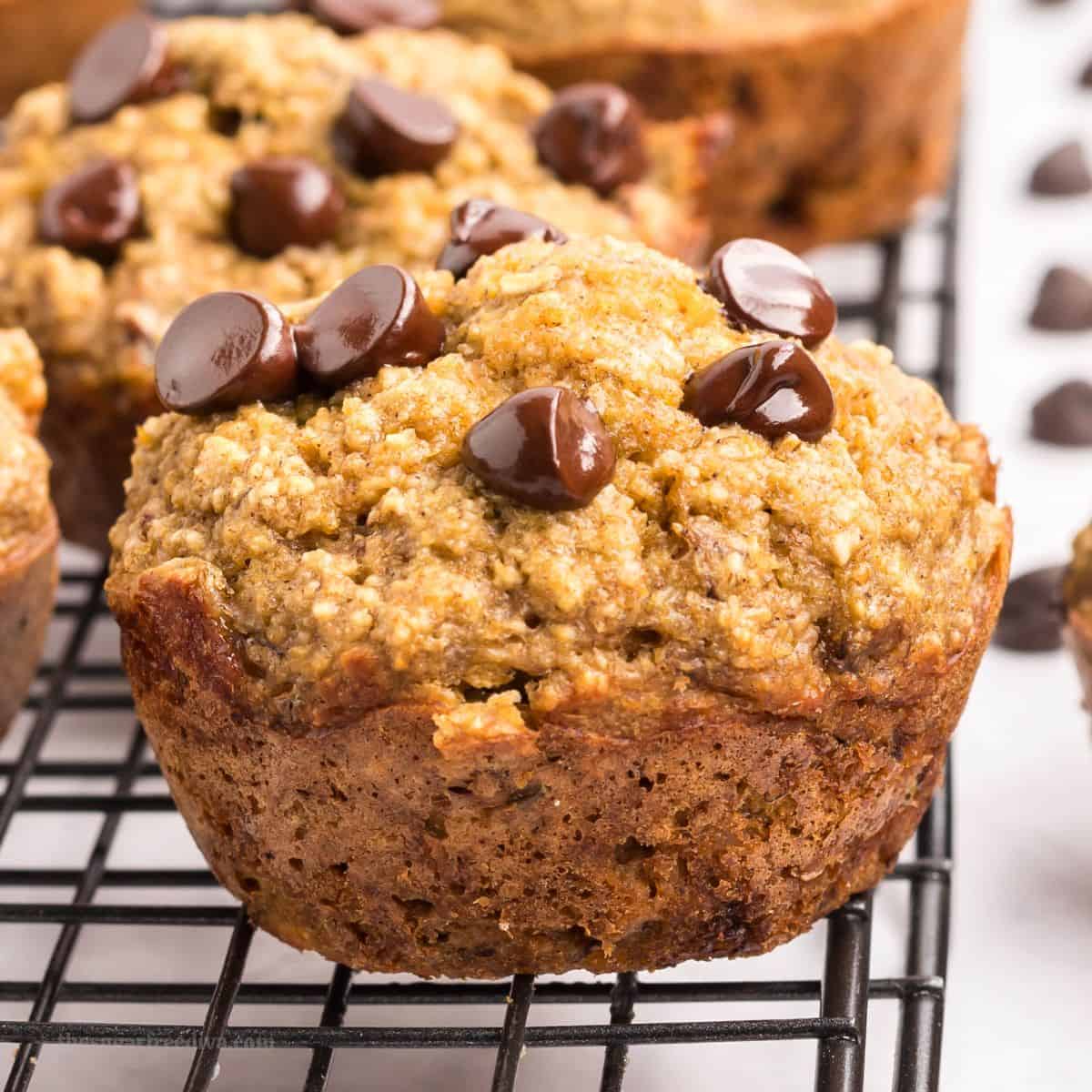 No Added Sugar Banana Oatmeal Chocolate Chip Muffins, a simple and delicious breakfast recipe for moist and flavorful wholesome muffins.