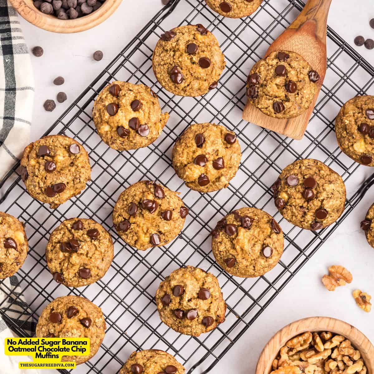 No Added Sugar Banana Oatmeal Chocolate Chip Muffins, a simple and delicious breakfast recipe for moist and flavorful wholesome muffins.