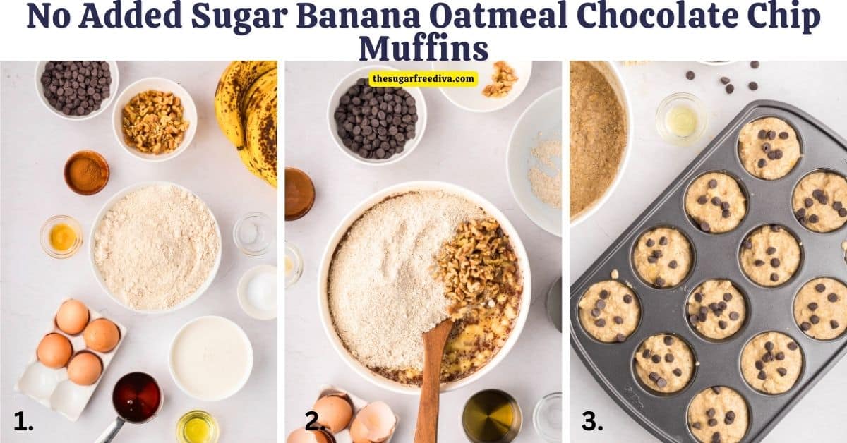 No Added Sugar Banana Oatmeal Chocolate Chip Muffins, a simple and delicious breakfast recipe for moist and flavorful wholesome muffins.