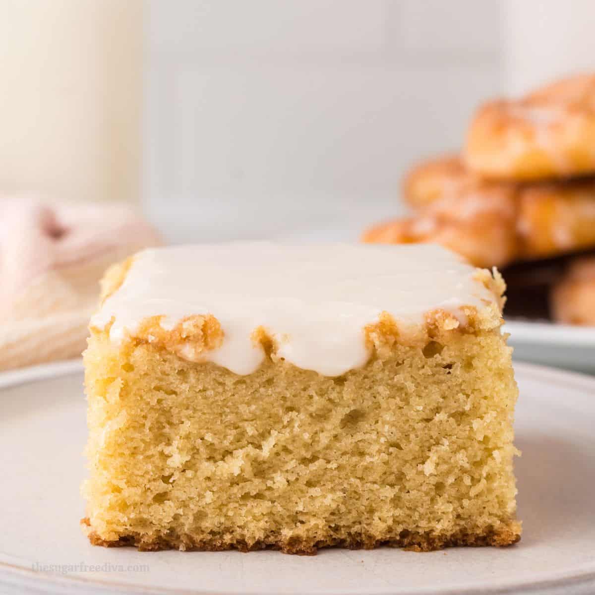 Honey Bun Cake Recipe with No Added Sugar, an easy moist and buttery cake topped with a 3 ingredient glaze made with honey.