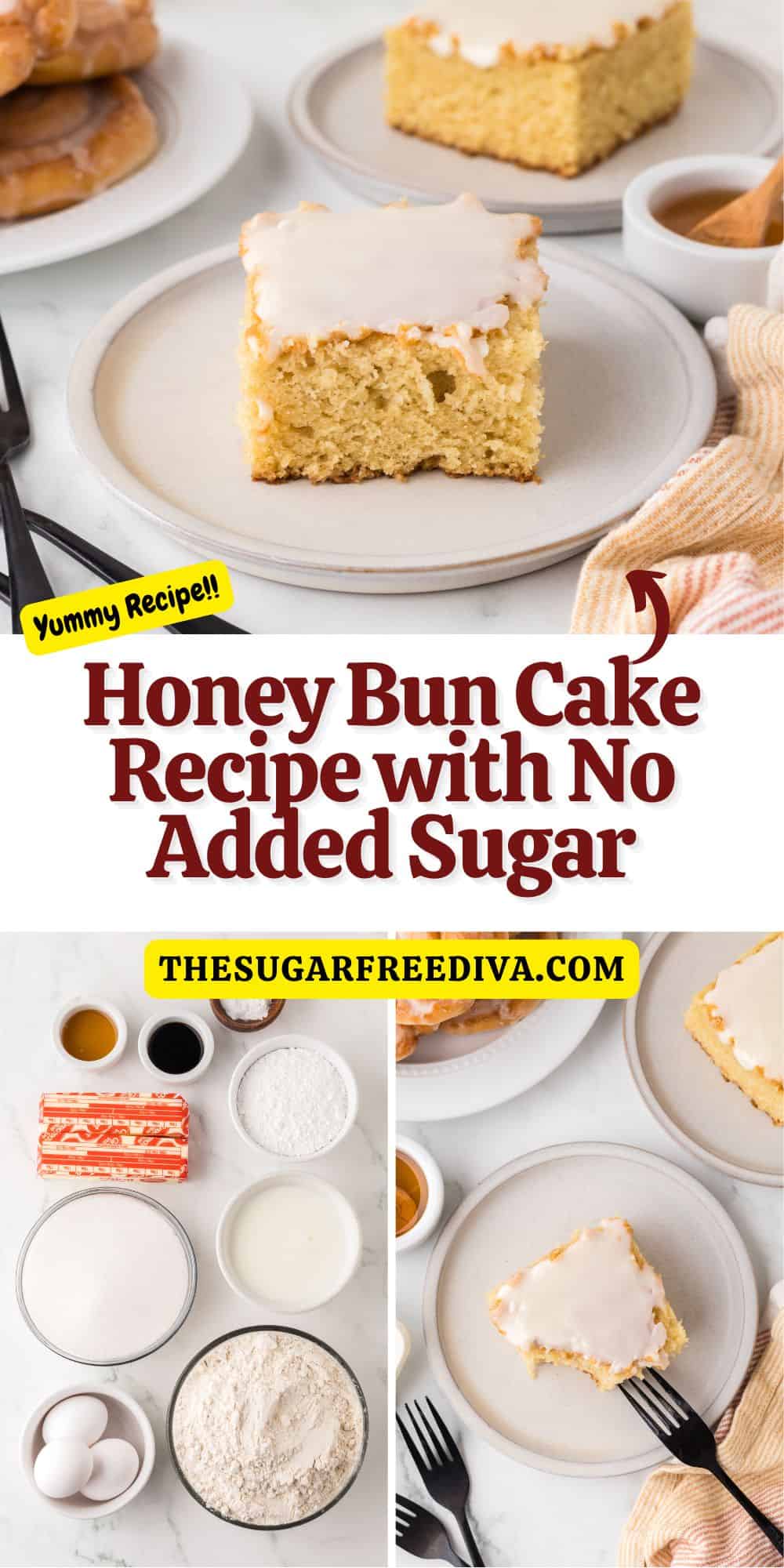 Honey Bun Cake Recipe with No Added Sugar, an easy moist and buttery cake topped with a 3 ingredient glaze made with honey.