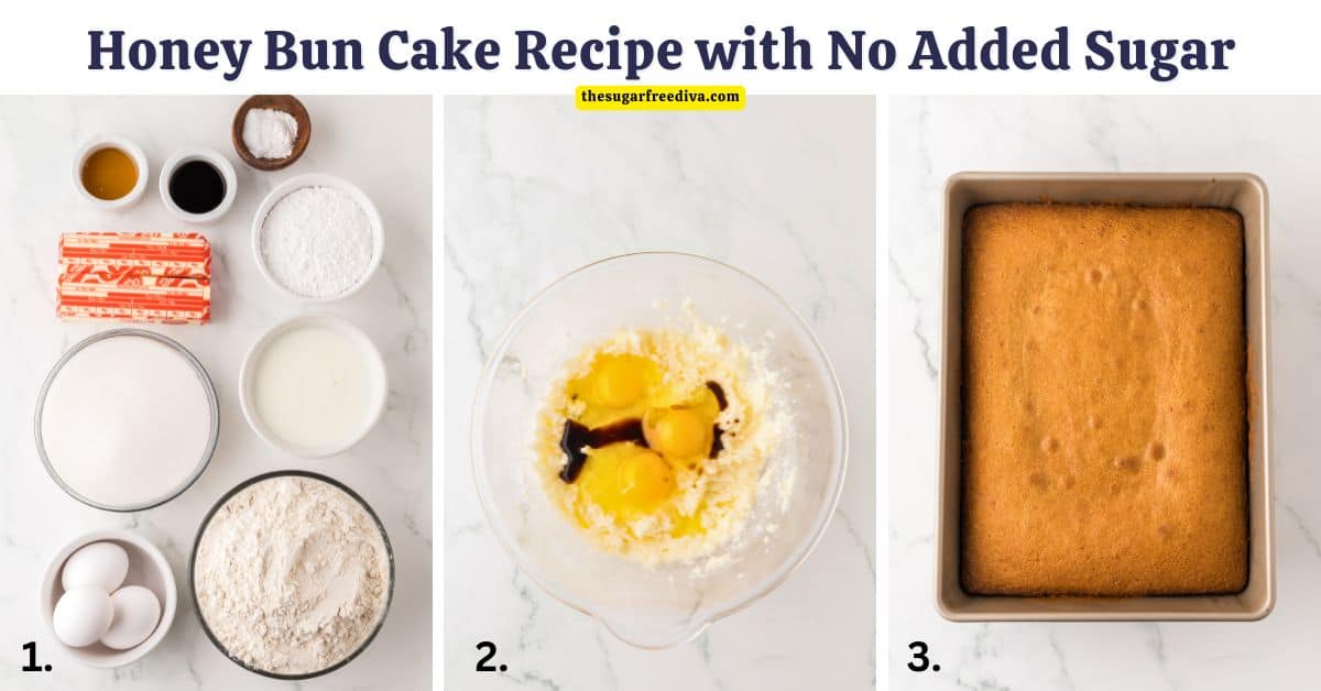 Honey Bun Cake Recipe with No Added Sugar, an easy moist and buttery cake topped with a 3 ingredient glaze made with honey.