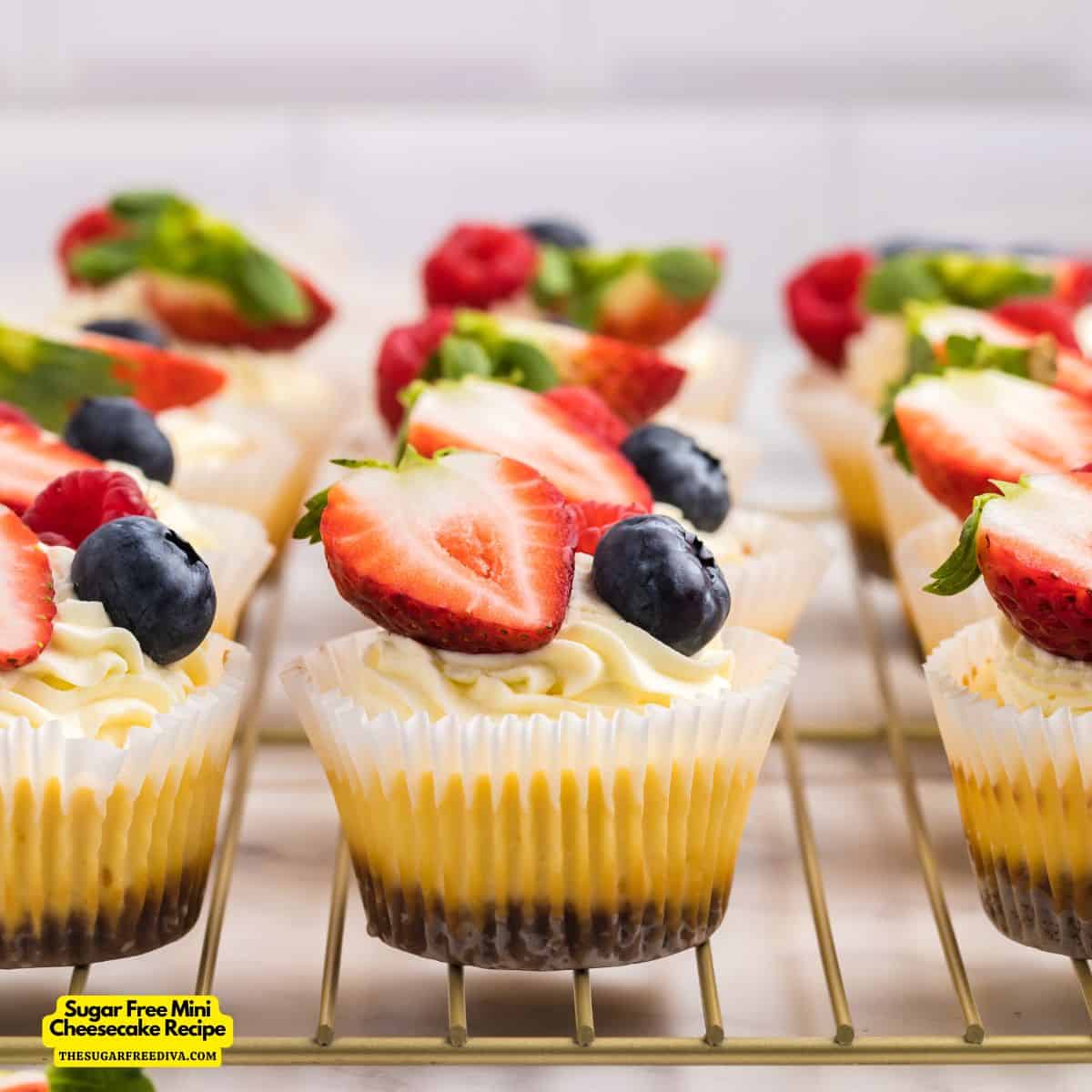 Sugar Free Mini Cheesecake Recipe, an easy and delicious no added sugar dessert for creamy baked cakes on a crunchy almond crust.