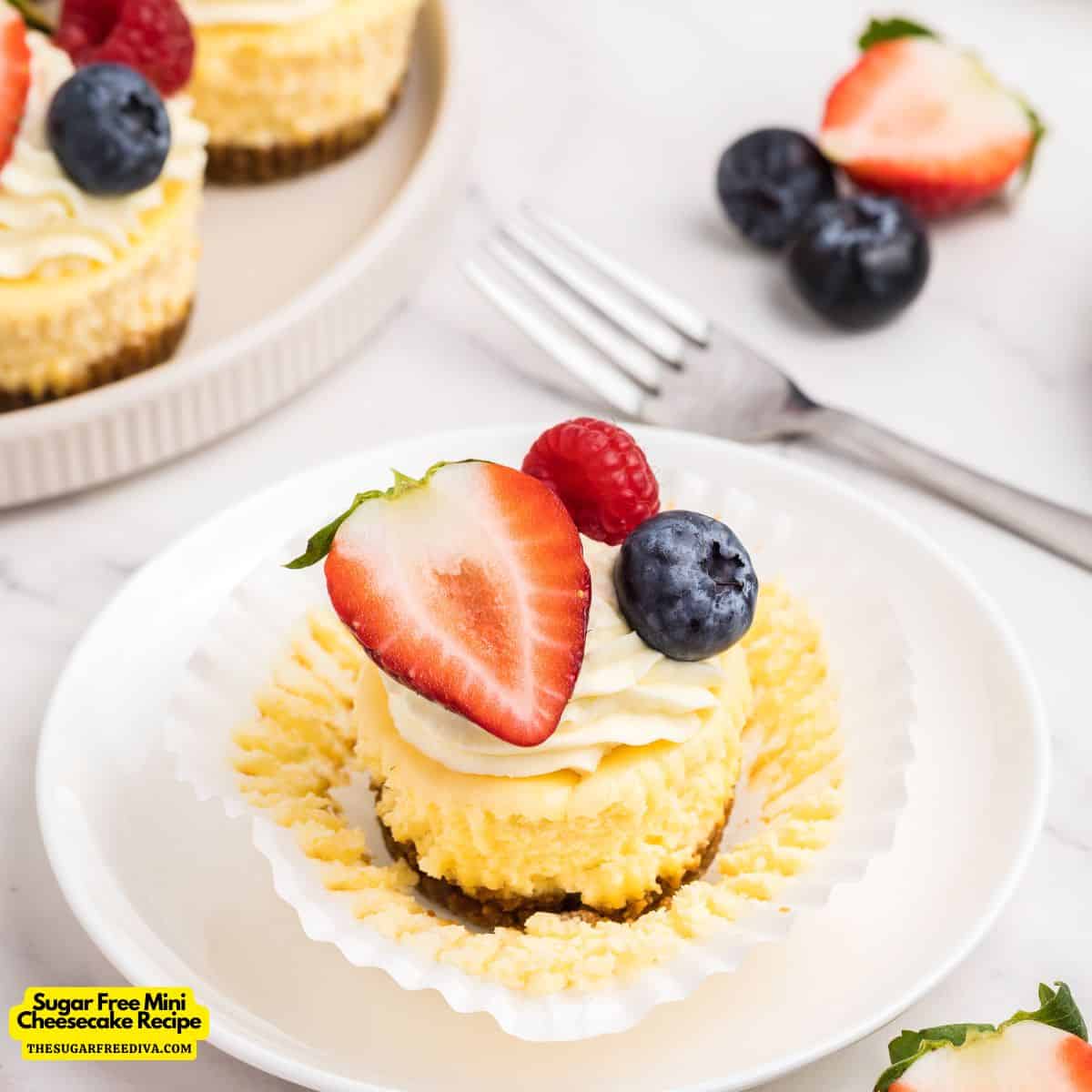 Sugar Free Mini Cheesecake Recipe, an easy and delicious no added sugar dessert for creamy baked cakes on a crunchy almond crust.