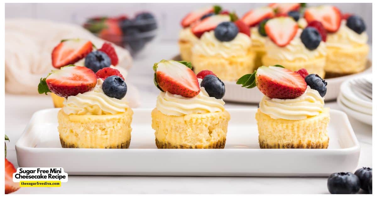 Sugar Free Mini Cheesecake Recipe, an easy and delicious no added sugar dessert for creamy baked cakes on a crunchy almond crust. Sugar Free Mini Cheesecake Recipe, an easy and delicious no added sugar dessert for creamy baked cakes on a crunchy almond crust.