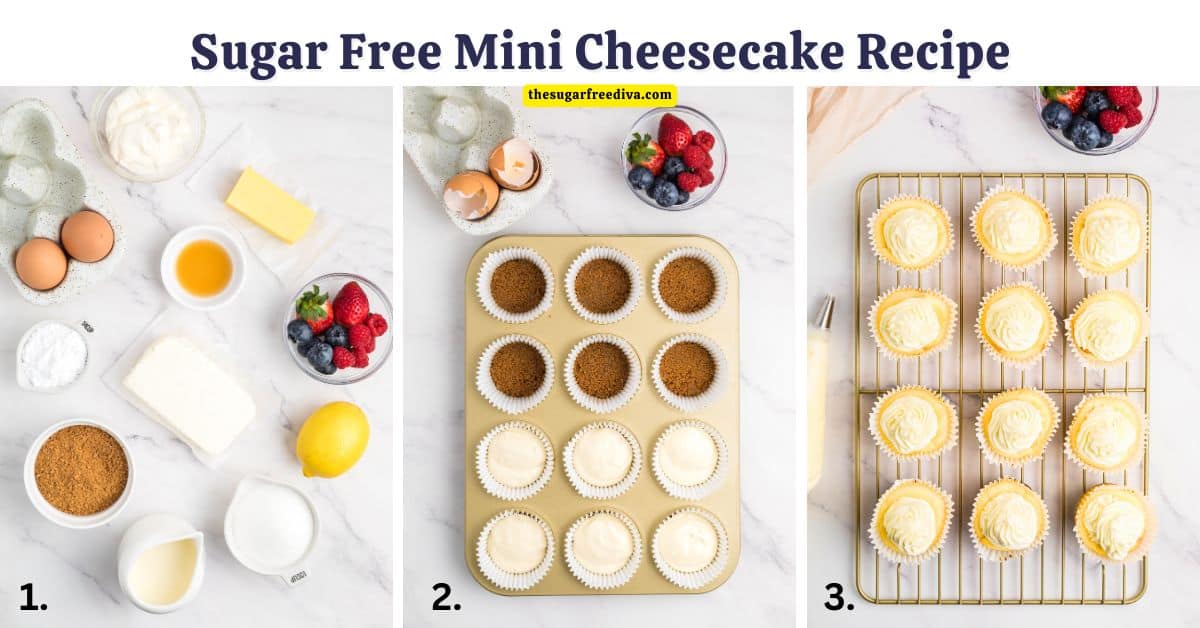 Sugar Free Mini Cheesecake Recipe, an easy and delicious no added sugar dessert for creamy baked cakes on a crunchy almond crust.