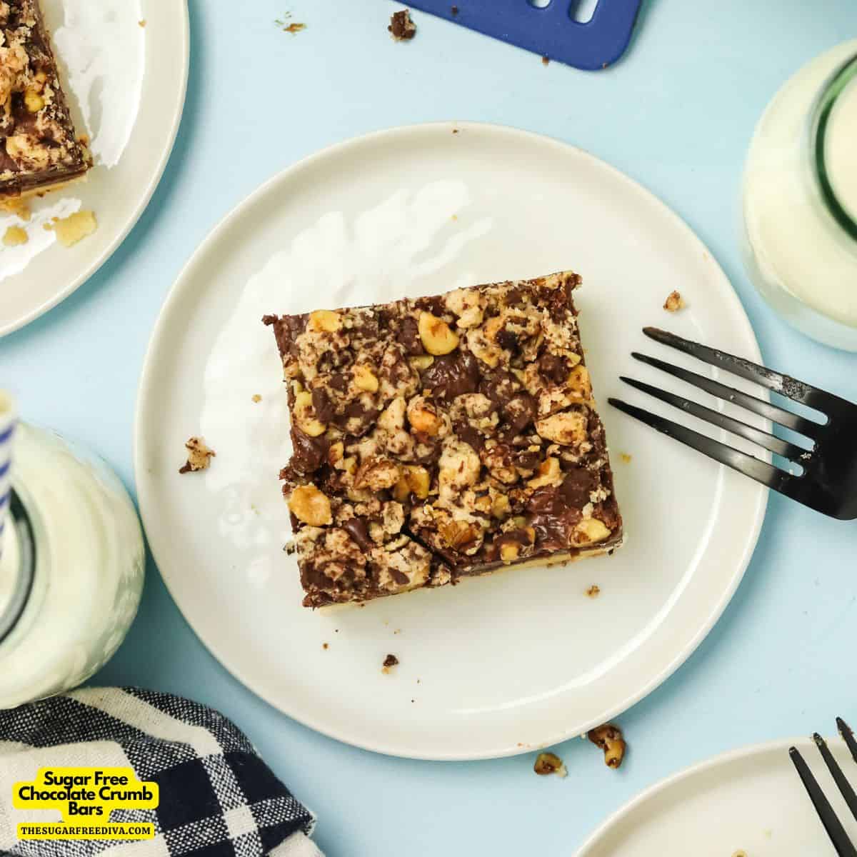 Sugar Free Chocolate Crumb Bars, a delicious no added sugar dessert recipe for creamy chocolate on buttery shortbread and topped with walnuts.