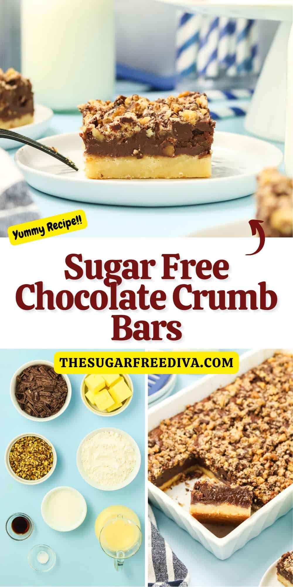 Sugar Free Chocolate Crumb Bars, a delicious no added sugar dessert recipe for creamy chocolate on buttery shortbread and topped with walnuts.