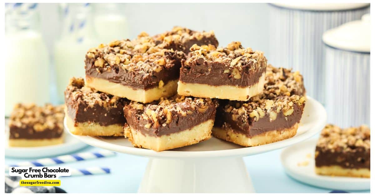 Sugar Free Chocolate Crumb Bars, a delicious no added sugar dessert recipe for creamy chocolate on buttery shortbread and topped with walnuts. Sugar Free Chocolate Crumb Bars, a delicious no added sugar dessert recipe for creamy chocolate on buttery shortbread and topped with walnuts.