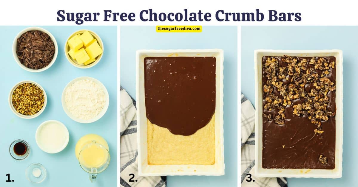 Sugar Free Chocolate Crumb Bars, a delicious no added sugar dessert recipe for creamy chocolate on buttery shortbread and topped with walnuts.