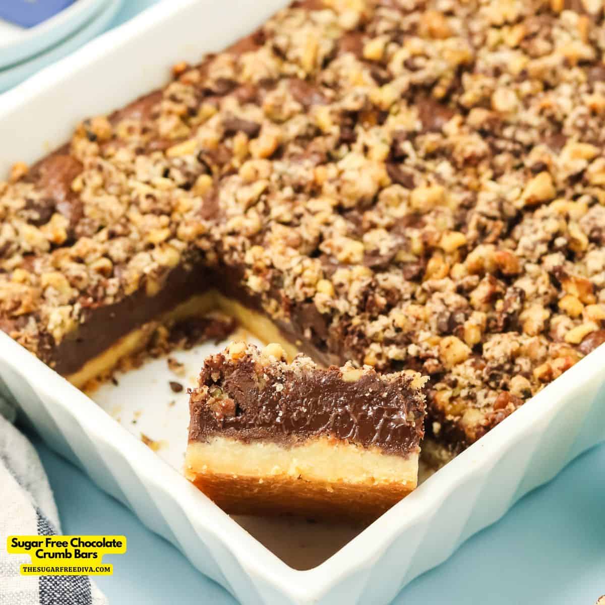 Sugar Free Chocolate Crumb Bars, a delicious no added sugar dessert recipe for creamy chocolate on buttery shortbread and topped with walnuts.