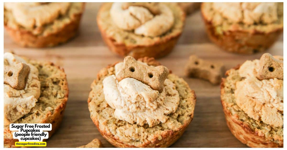 Sugar Free Frosted Pupcakes-a simple and delicious cupcake recipe that is friendly to people and pets. Made with peanut butter and oats. Sugar Free Frosted Pupcakes-a simple and delicious cupcake recipe that is friendly to people and pets. Made with peanut butter and oats.