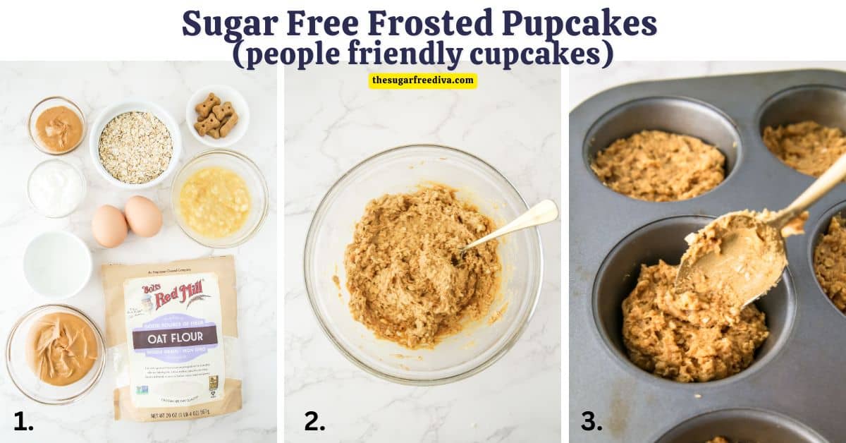 Sugar Free Frosted Pupcakes-a simple and delicious cupcake recipe that is friendly to people and pets. Made with peanut butter and oats. 