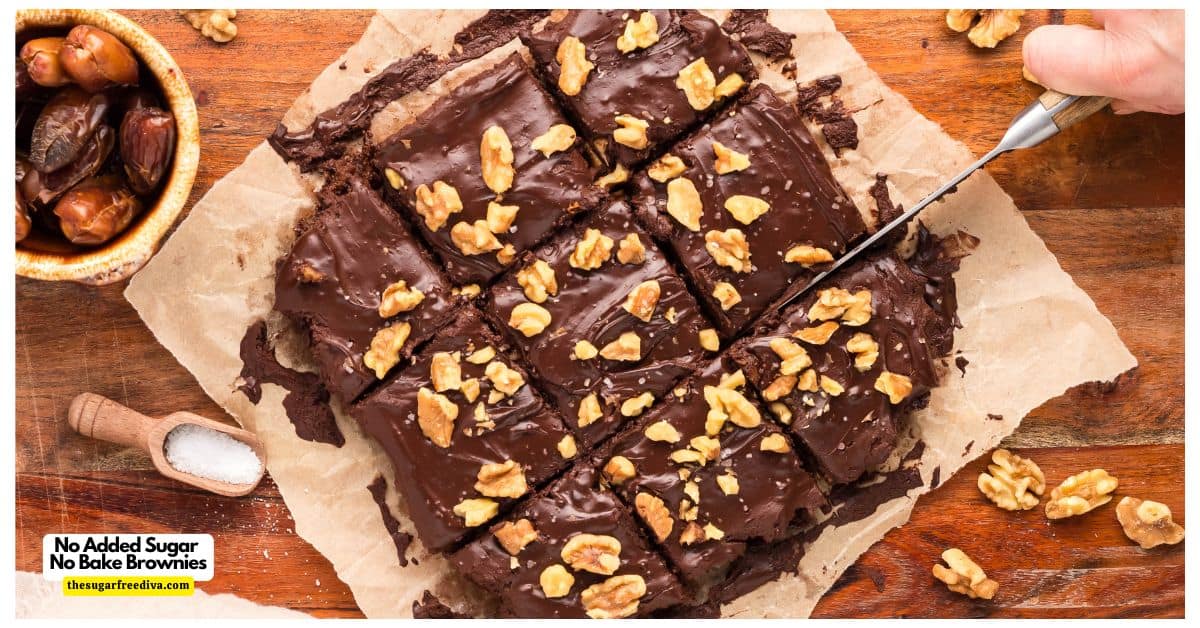 No Added Sugar No Bake Brownies, a delicious and easy fudgy dessert recipe sweetened  with dates and maple syrup. Dairy Free and flour free recipe.